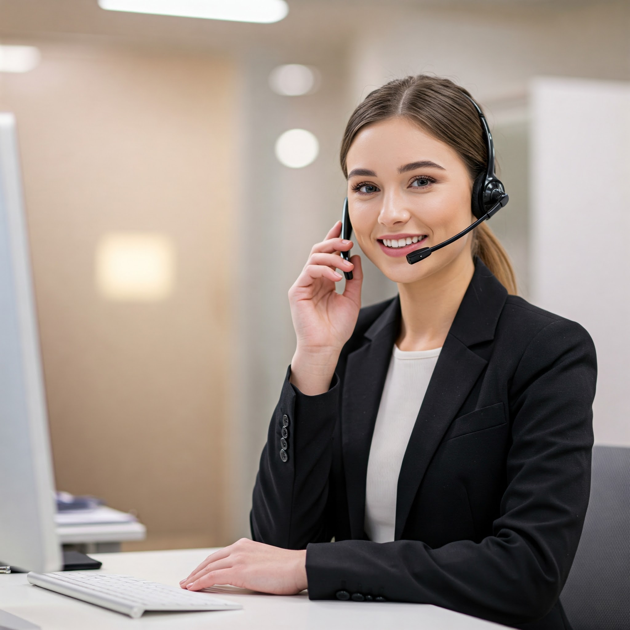 Background image of a woman wearing a black blazer and headset, smiling while talking on the phone